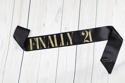 Dulcet Downtown Black Satin Finally 21 Birthday Sash with Gold Glitter Apparel & Accessories > Clothing Accessories > Sashes Dulcet Downtown   
