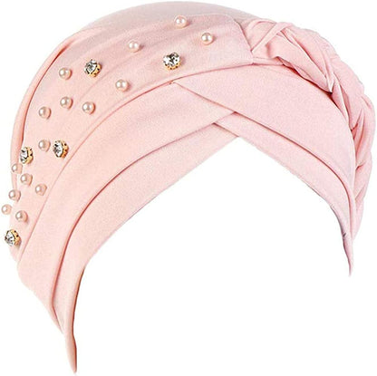Women Girls Turban Hat, Rhinestone Pearl Braid Turban Head Wrap Baggy Slouchy Beanie Chemo Cap Headwear Hair Wrap Apparel & Accessories > Clothing Accessories > Headwear canjoyn Pink  