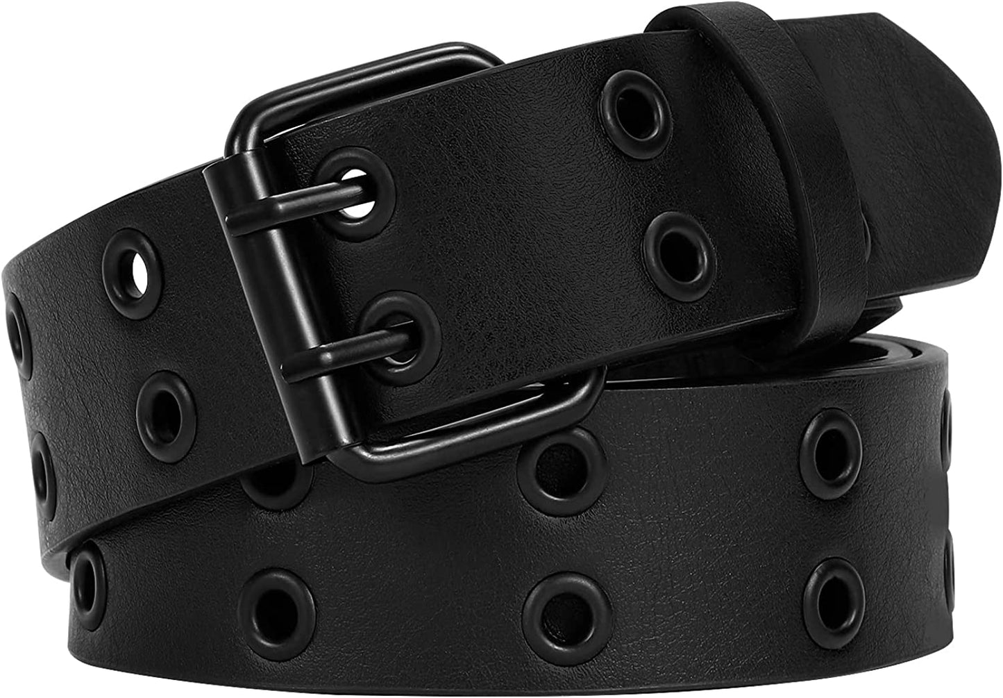 Double Grommet PU Leather Belt for Women/Men Punk Metal Jean Belt Wide 1.5 Inch Apparel & Accessories > Clothing Accessories > Belts XZQTIVE 01 Black With Black Buckle Fit Pants 22-35inch 