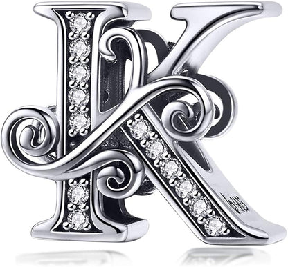 Solid 925 Sterling Silver with Cubic Stones, Complete A~Z Gift Options Alphabet Charm Letter Beads Fit Pandora European Bracelets Apparel & Accessories > Jewelry > Bracelets ABAOLALA ALPHABET K  