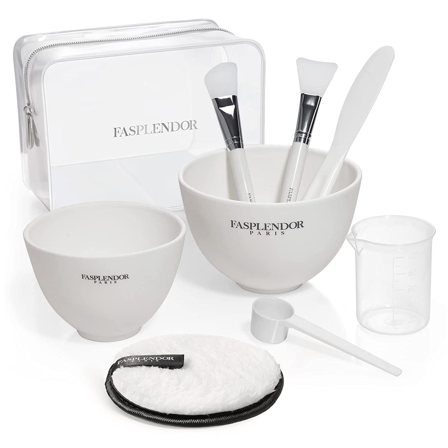 Face Mask Mixing Bowl Set with Silicone Face Mask Brush Applicator, Facial Mask Bowls, Mask Spatula, Measuring Scoop + Cup, Clear Toiletry Bag, 8 in 1 SPA Quality Face Mask Tool Kit for DIY Clay Mask Health & Beauty > Personal Care > Cosmetics > Cosmetic Tools > Skin Care Tools FASPLENDOR White  