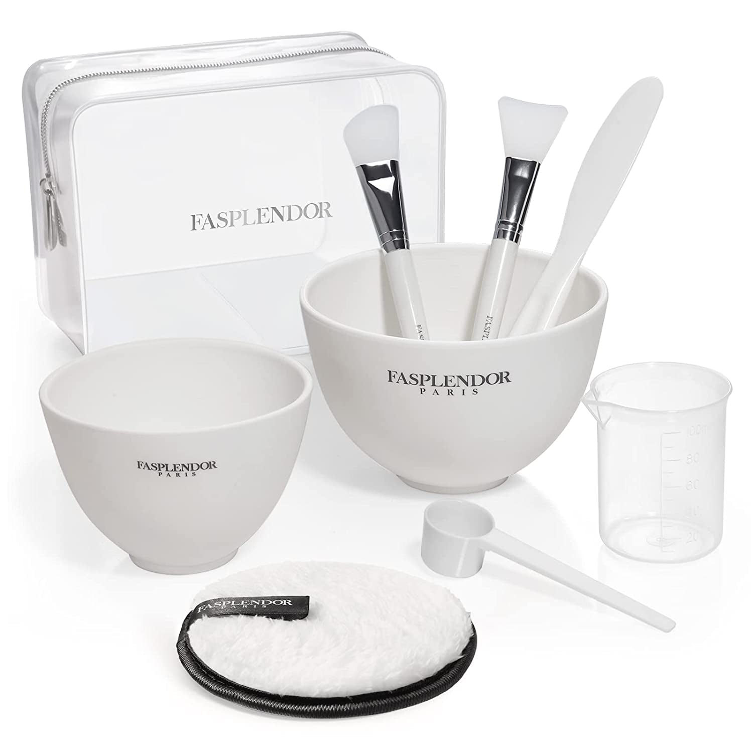 Face Mask Mixing Bowl Set with Silicone Face Mask Brush Applicator, Facial Mask Bowls, Mask Spatula, Measuring Scoop + Cup, Clear Toiletry Bag, 8 in 1 SPA Quality Face Mask Tool Kit for DIY Clay Mask Health & Beauty > Personal Care > Cosmetics > Cosmetic Tools > Skin Care Tools FASPLENDOR White  