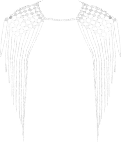Chrontier Harness Body Chain Link Epaulet Shoulder Chain Necklace Collar Dangling Tassels for Bridal Women Prom Party Wedding Dress Accessory Silver Tone Apparel & Accessories > Jewelry > Body Jewelry Chrontier Silver  