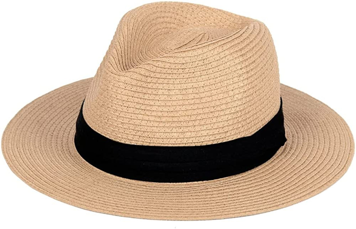 Panama Straw Hats for Women Summer Beach Sun Hat Wide Brim Fedora Cap UPF50+ Apparel & Accessories > Clothing Accessories > Hats KYLIE MAX A02-brown  