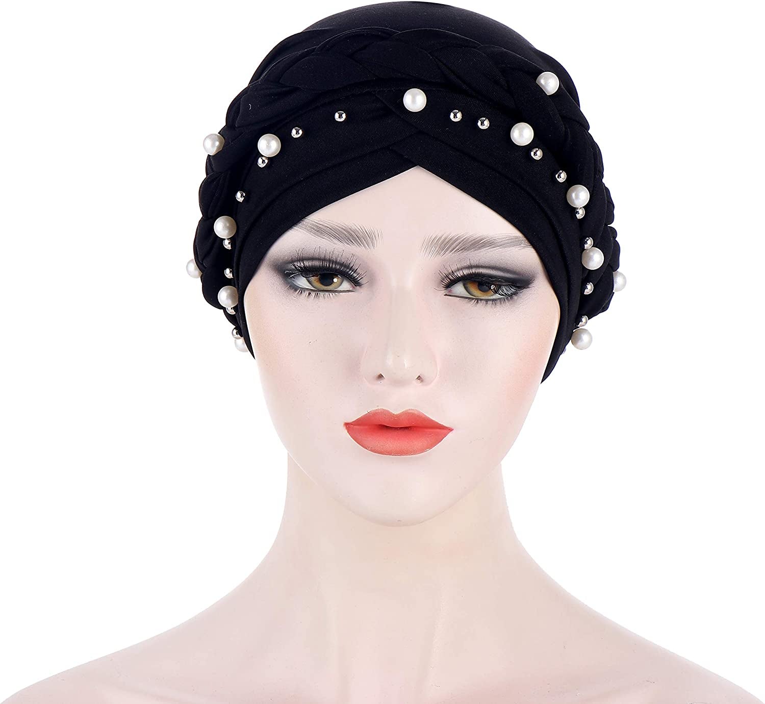 Fxhixiy Women Hijab Beading Pearl Braid Turban Hat Head Scarf Cancer Chemo Beanies Bandana Headwrap Cap Apparel & Accessories > Clothing Accessories > Headwear Fxhixiy   