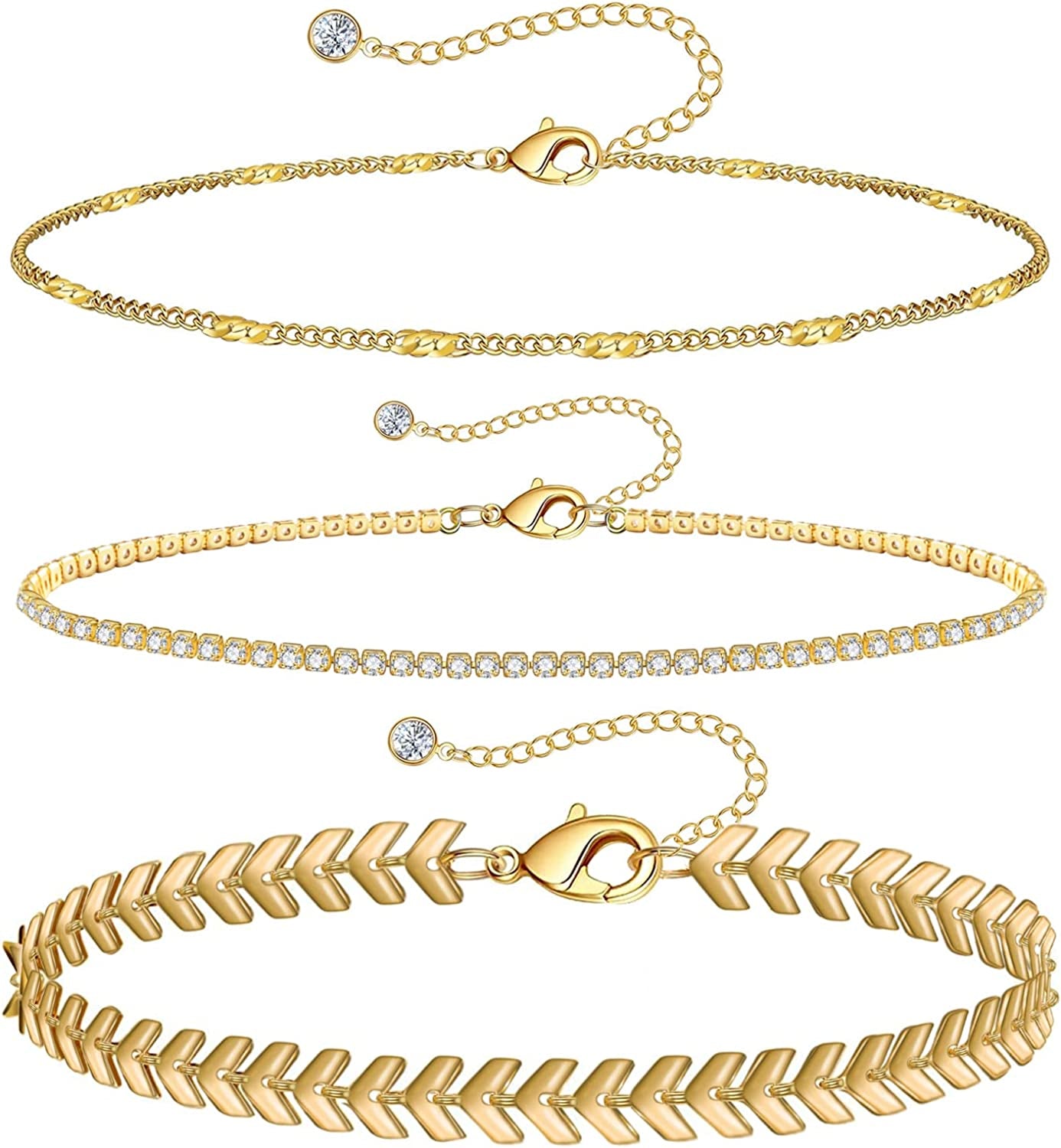 Gold Ankle Bracelets for Women 14K Gold Plated Anklet Silver Rose Gold Evil Eye Tennis Crystal Cubic Zirconia Faux Diamond Rhinestone Anklet Dainty Layered Anklet Set 3Pcs Apparel & Accessories > Jewelry > Anklets Vermeyen A-Yellow Gold Fishbone  