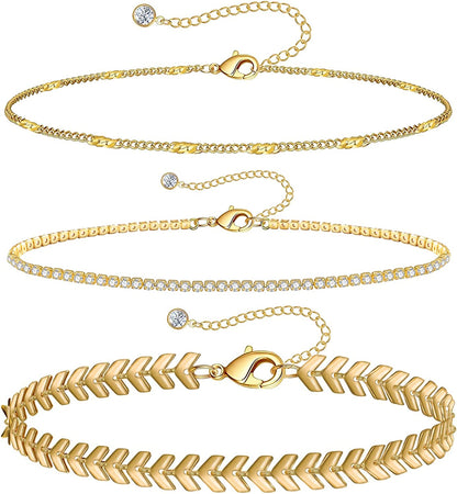 Gold Ankle Bracelets for Women 14K Gold Plated Anklet Silver Rose Gold Evil Eye Tennis Crystal Cubic Zirconia Faux Diamond Rhinestone Anklet Dainty Layered Anklet Set 3Pcs Apparel & Accessories > Jewelry > Anklets Vermeyen A-Yellow Gold Fishbone  