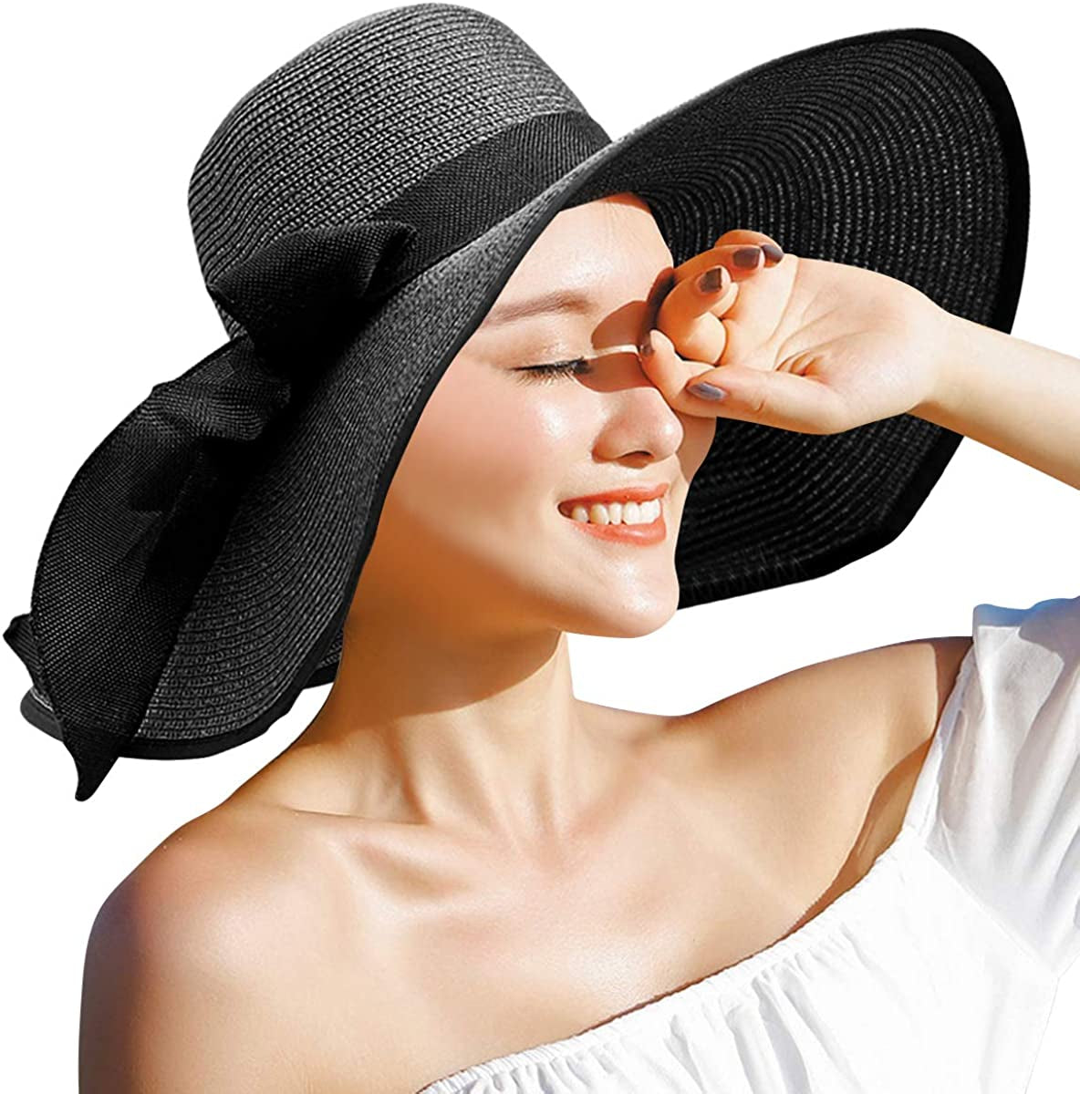 Lanzom Womens 5.5 Inches Big Bowknot Straw Hat Large Floppy Foldable Roll up Beach Cap Sun Hat UPF 50+ Apparel & Accessories > Clothing Accessories > Hats Lanzom Black One Size 