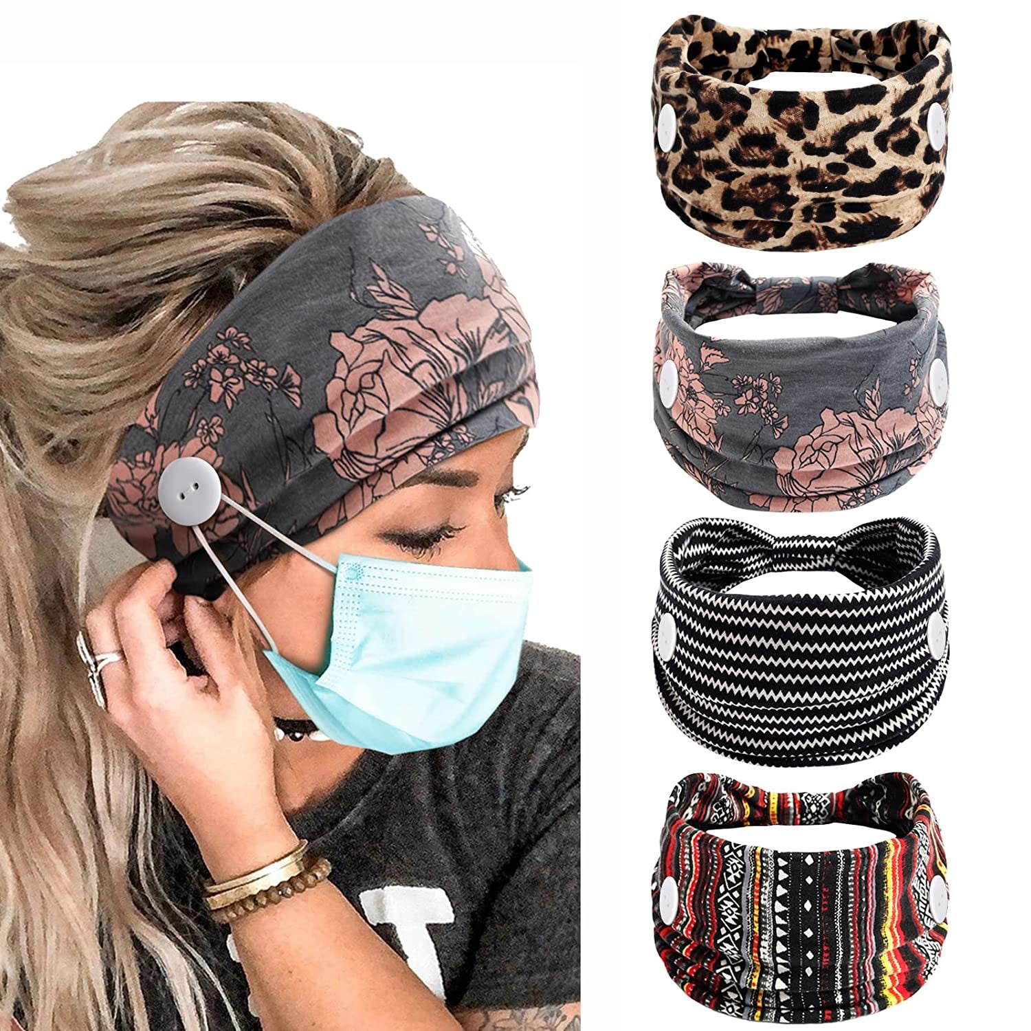 Wide Headbands for Women Black Stylish Head Wraps Boho Thick Hairbands Large African Sport Yoga Turban Headband Hair Accessories (Pack of 4) Apparel & Accessories > Clothing Accessories > Bandanas & Headties Huachi Button Headbands 2  