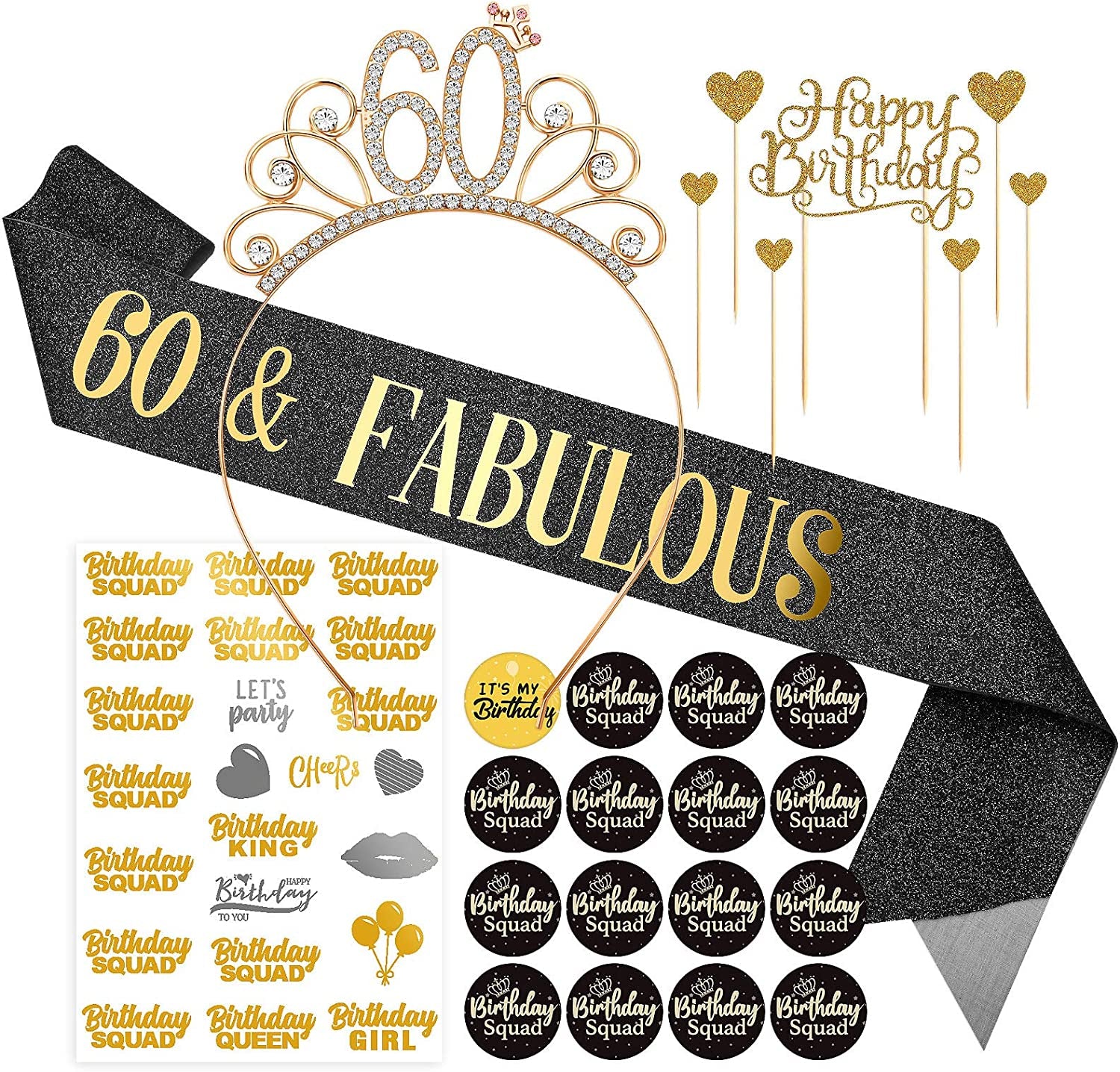 Black Birthday Sash Crowns Tiara Headband for Women - Birthday Buttons Pins Badges Gifts for Girl Birthday Party Supplies Apparel & Accessories > Clothing Accessories > Sashes ERTREE 60th Birthday  