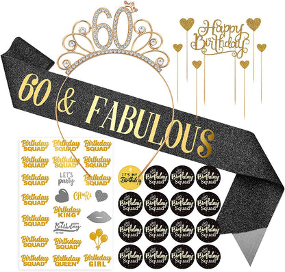 Black Birthday Sash Crowns Tiara Headband for Women - Birthday Buttons Pins Badges Gifts for Girl Birthday Party Supplies Apparel & Accessories > Clothing Accessories > Sashes ERTREE 60th Birthday  