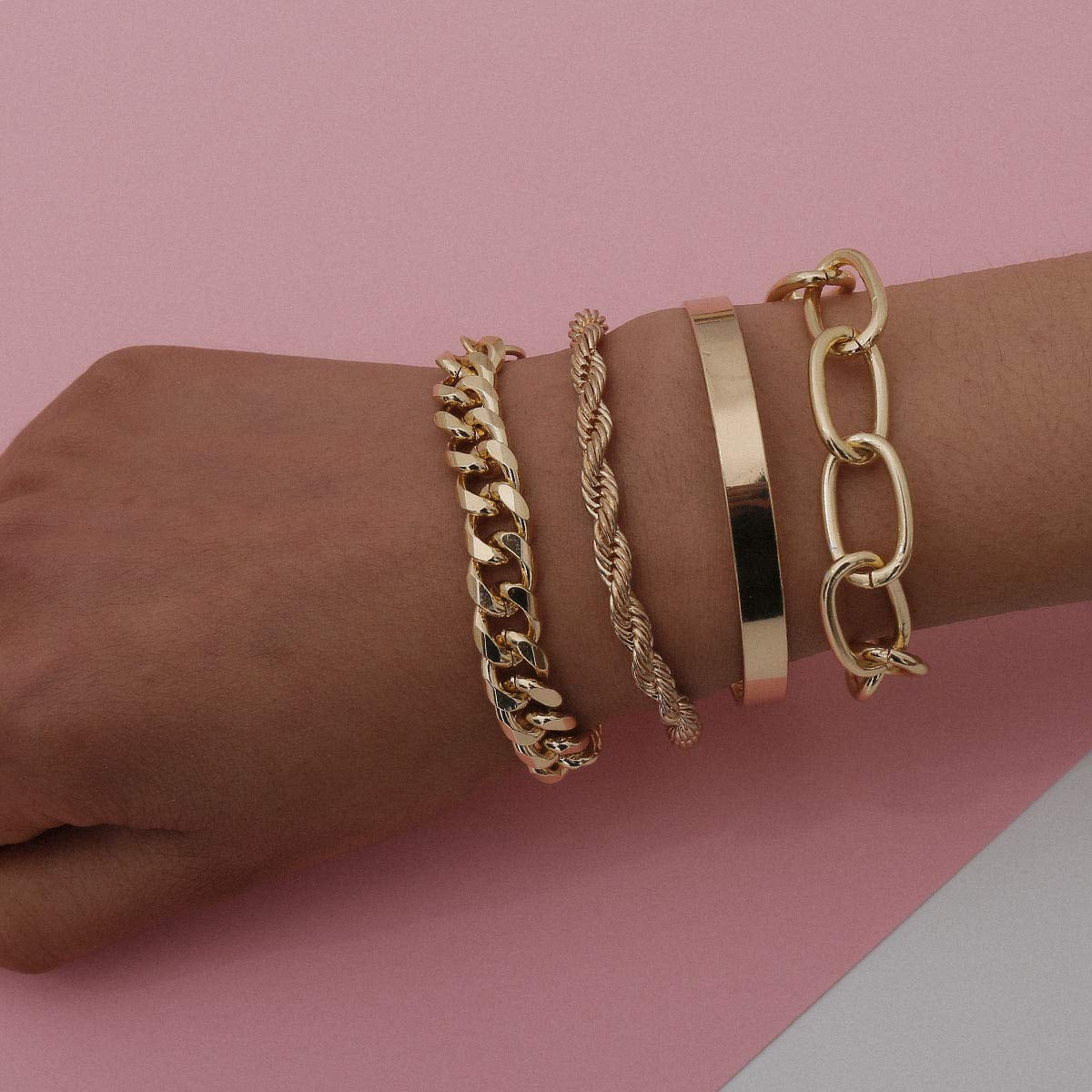 Fxmimior Dainty Boho Gold Silver Chain Bracelets Set for Women Adjustable Fashion Beaded Chunky Flat Cable Chain Punk Bracelets Jewelry for Women Girls Gift Set of 4 (Gold) Apparel & Accessories > Jewelry > Bracelets fxmimior   