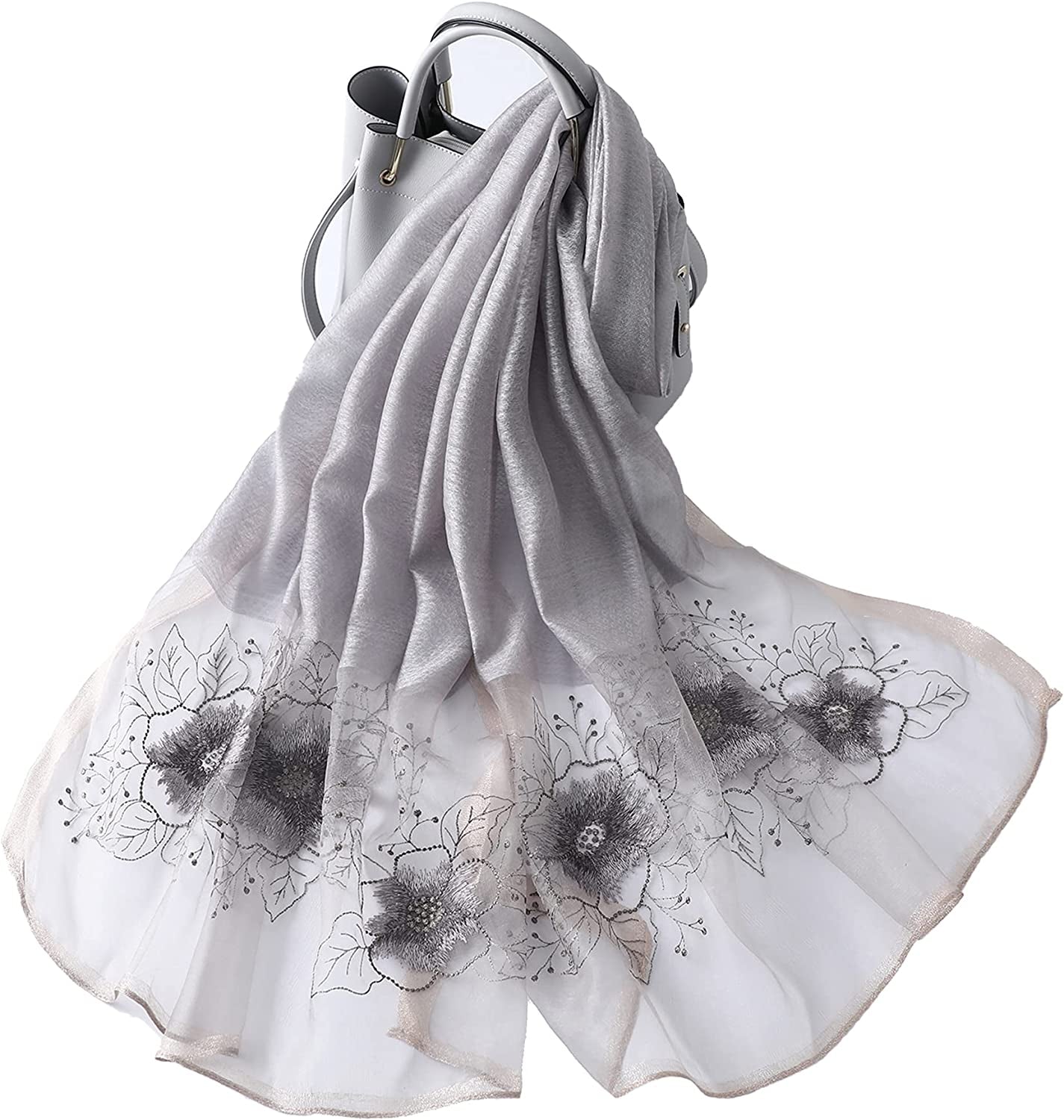 WINCESS YU Women Mulberry Silk Scarf Long & Large Embroidered Floral Pattern Shawl and Wraps Neckerchief for Hair & Neck Apparel & Accessories > Clothing Accessories > Scarves & Shawls WINCESS.YU Sunflower Gray  