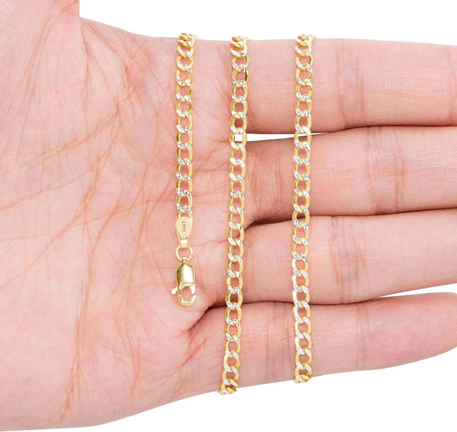 Nuragold 10K Yellow Gold 3.5Mm Cuban Chain Curb Link Diamond Cut Pave Two Tone Bracelet or Anklet, Womens Mens Lobster Clasp 7" 7.5" 8" 8.5" 9" Apparel & Accessories > Jewelry > Anklets NuraGold   