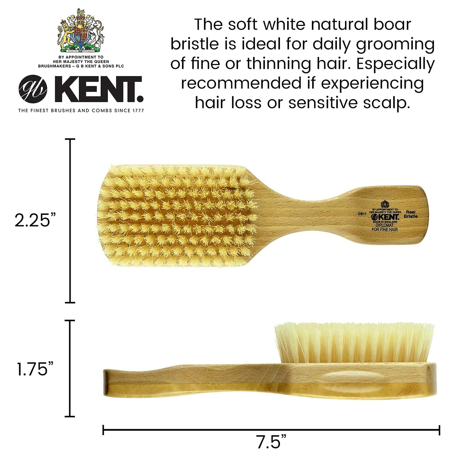 Kent OS11 Satinwood Rectangular Military Club Hair Brush and Facial Brush for Beard Care, Soft White Natural Boar Bristle Brush for Fine or Thinning Hair Mens Grooming, Hair Care, and Beard Brush Health & Beauty > Personal Care > Hair Care KENT   