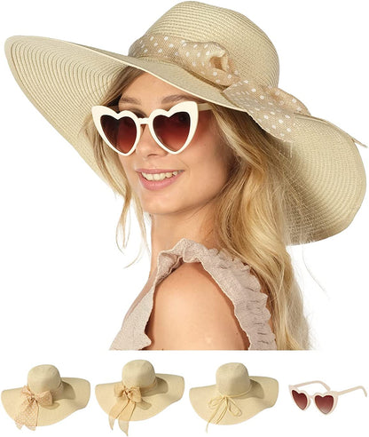 Funcredible Wide Brim Sun Hats for Women - Floppy Straw Hat with Heart Shape Glasses Apparel & Accessories > Clothing Accessories > Hats Funcredible Beige  