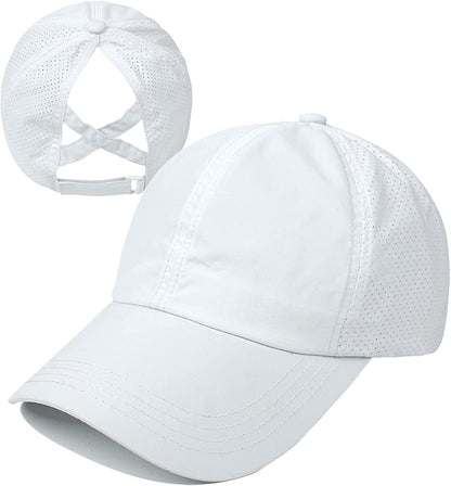 HGGE Womens Criss Cross Ponytail Baseball Cap Adjustable High Messy Bun Ponycap Quick Drying Hat Apparel & Accessories > Clothing Accessories > Hats HGGE White  