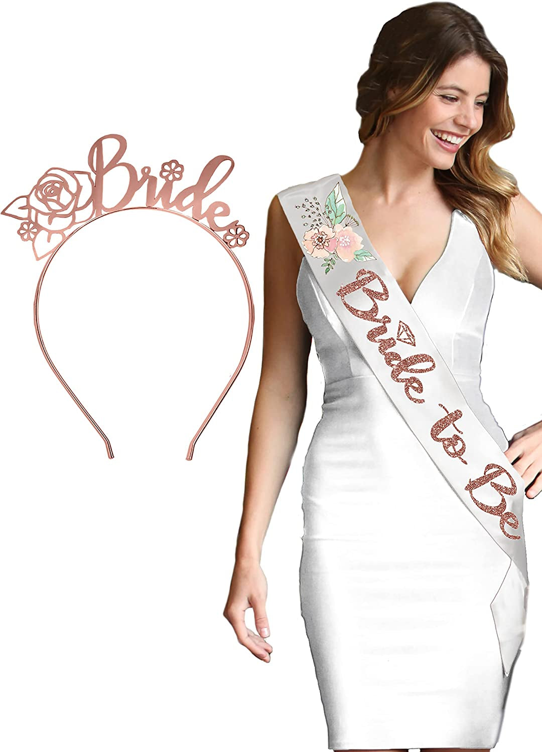 Bride Rose Gold Bridal Shower Set - BRIDAL GRADE SATIN White Sash & Rose Gold Diamond Bride Headband, Bride Kit, Bridal Giftset (B2B & HB Rsgld)Wht Apparel & Accessories > Clothing Accessories > Sashes RhinestoneSash Bride (Floral Water Color White Sash - Rose Gold Headband)  