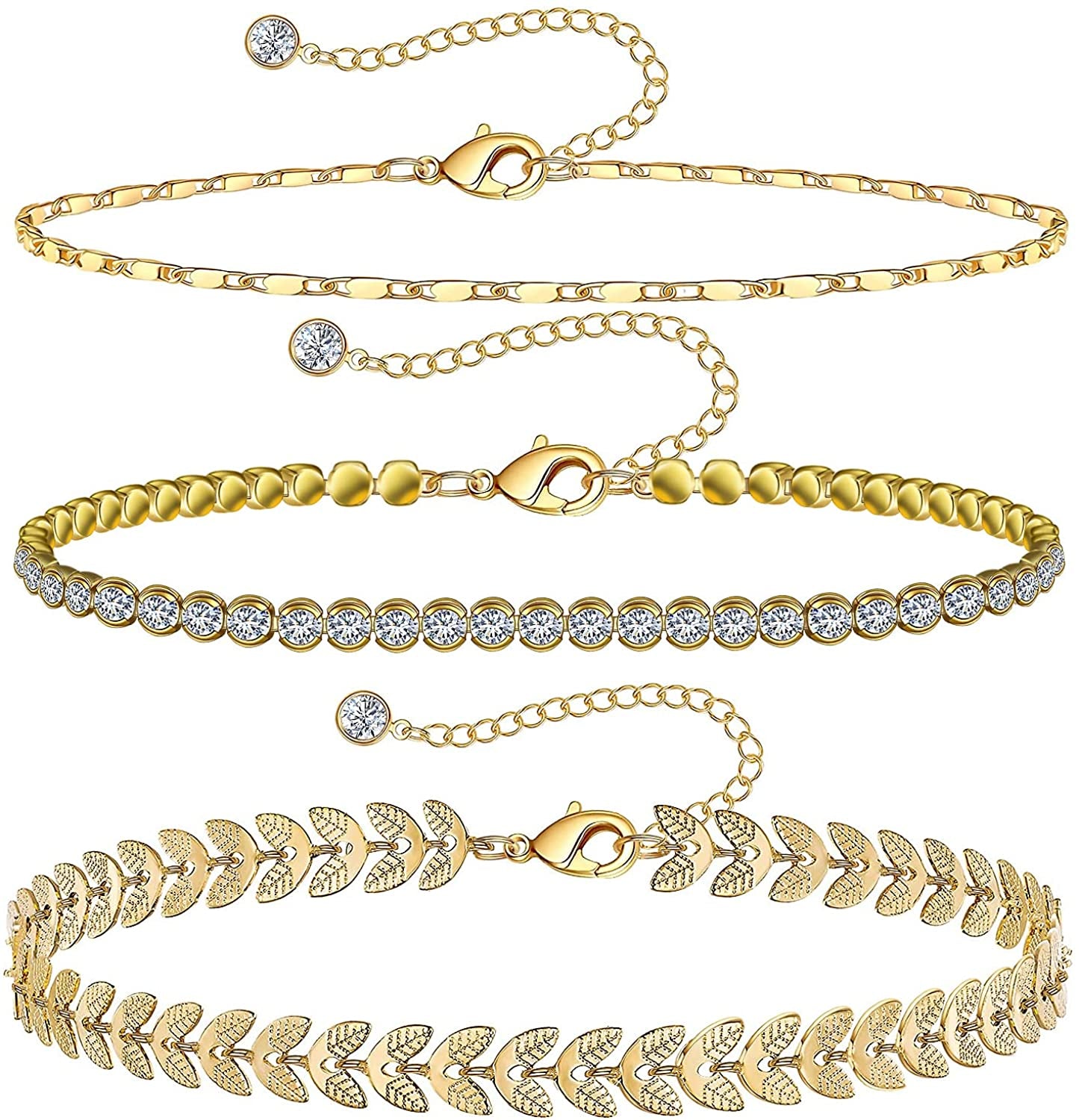 Gold Ankle Bracelets for Women 14K Gold Plated Anklet Silver Tennis Rose Quartz Cross Bead Herringbone Snake Paperclip Chain Cubic Zirconia Dainty Layered Anklet Set 3Pcs Apparel & Accessories > Jewelry > Anklets WeSparking A-Yellow Gold-Tennis  