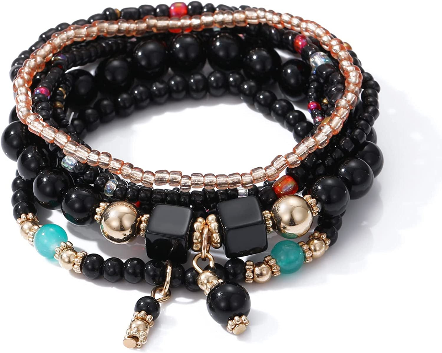 Mengpa Stackable Beaded Bracelets for Women Girls Bohemian Layering Strand Statement Jewelry Apparel & Accessories > Jewelry > Bracelets MengPa Z-Black  