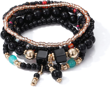 Mengpa Stackable Beaded Bracelets for Women Girls Bohemian Layering Strand Statement Jewelry Apparel & Accessories > Jewelry > Bracelets MengPa Z-Black  