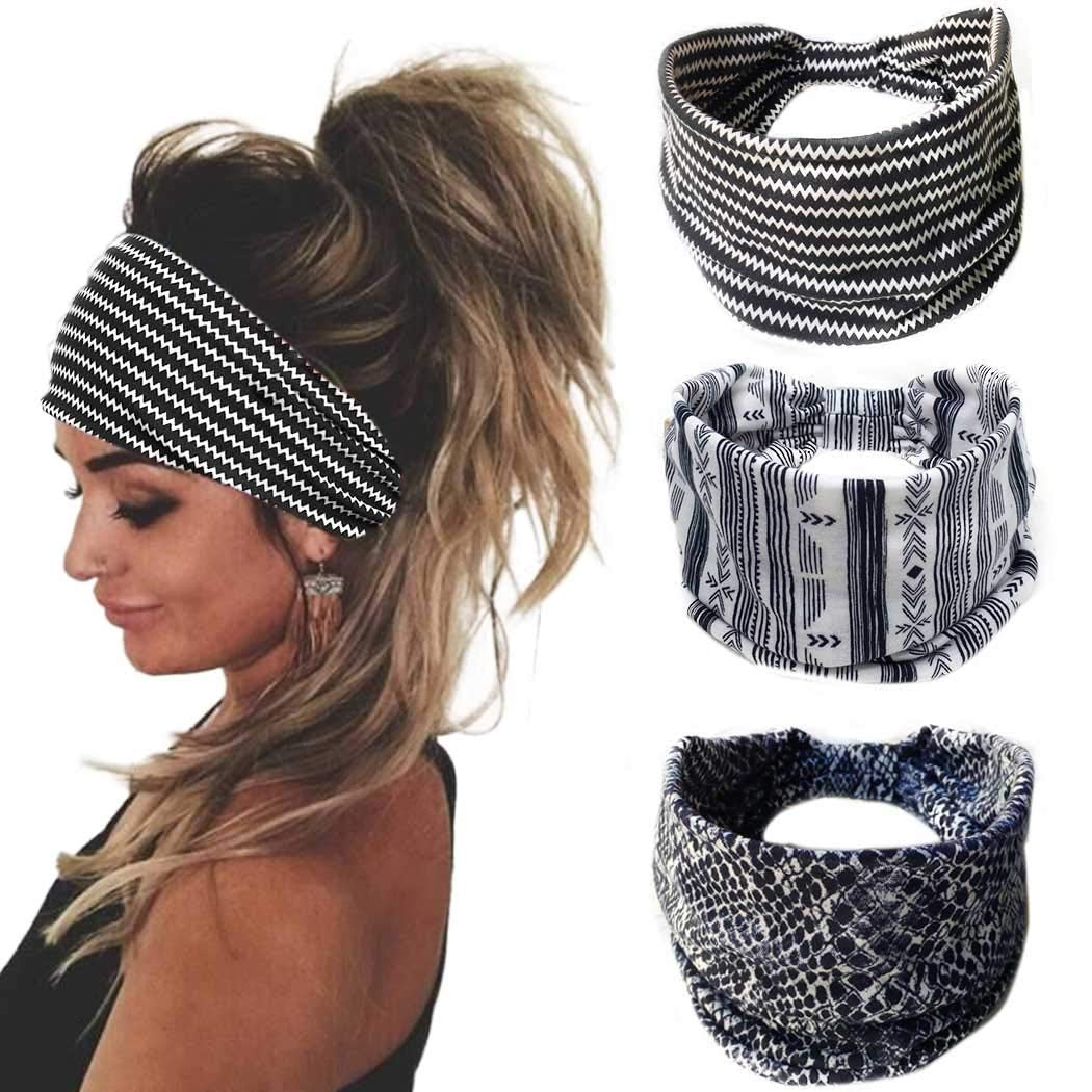 Bohend Boho Headbands Wide Knotted Hair Bands Fashion Printing Bandeau Travel Stretchy Cotton Headband Sport Yoga Hair Accessories for Women and Girls (A) Apparel & Accessories > Clothing Accessories > Bandanas & Headties Bohend D  