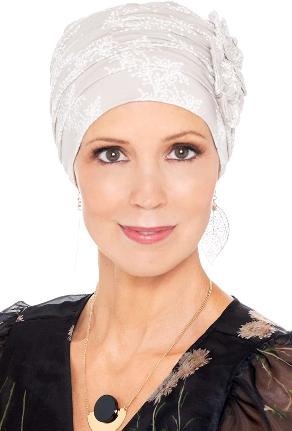 Cardani Large Flapper Turban Viscose from Bamboo Hat for Large Heads Apparel & Accessories > Clothing Accessories > Headwear Cardani Flourish Floral Natural One Size 