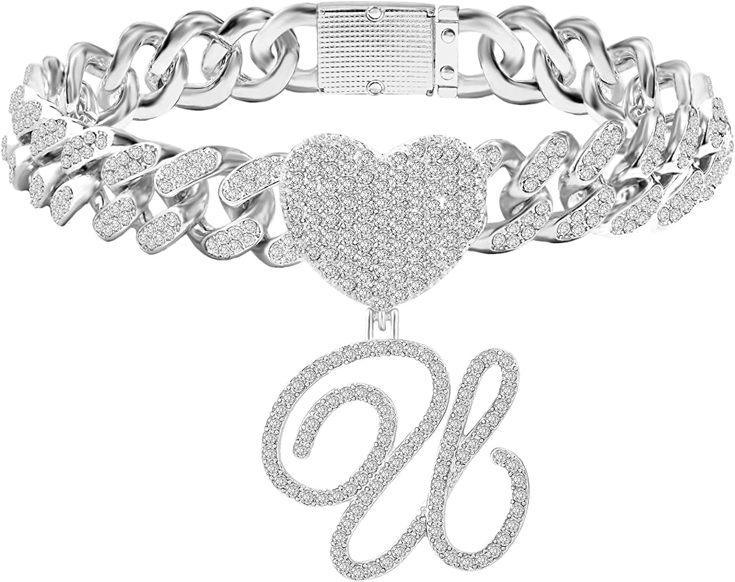 KKJTDS 13Mm Silver Cuban Link Anklets for Women Cursive Pendant Miami Cuban Link Chain Ankle Bracelets for Women Hip Hop Iced Out Letter Chain Anklet Apparel & Accessories > Jewelry > Anklets KKJTDS U  