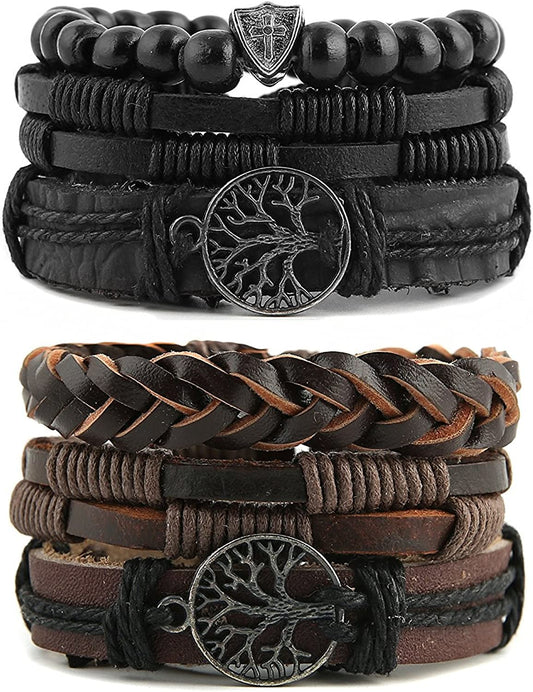HZMAN Genuine Leather Tree of Life Bracelets Men Women, Tiger Eye Natural Stone Lava Rock Beads Ethnic Tribal Elastic Bracelets Wristbands Apparel & Accessories > Jewelry > Bracelets HZMAN Classic Set  