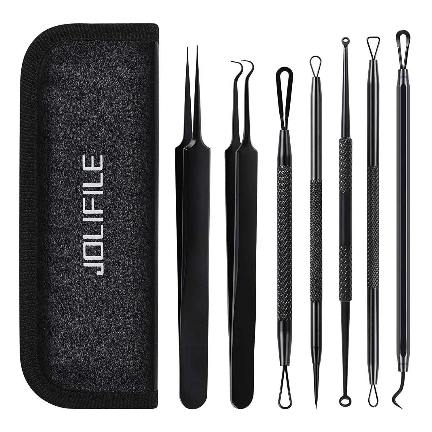 Blackhead Remover Tool,Jolifile 7Pcs Pimple Popper Tool Kit, Acne Extractor Tools with Tweezers,Removal Whitehead Comedone Tool Set for Facial Nose Care-Black Health & Beauty > Personal Care > Cosmetics > Cosmetic Tools > Skin Care Tools JOLIFILE 7pcs-black upgrade  