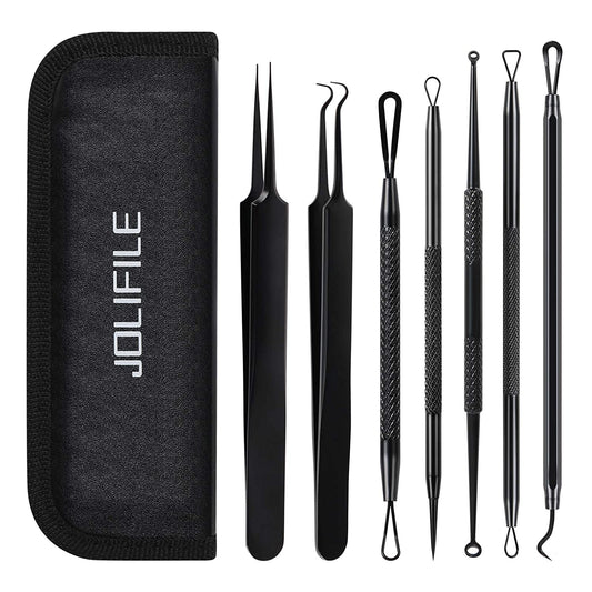 Blackhead Remover Tool,Jolifile 7Pcs Pimple Popper Tool Kit, Acne Extractor Tools with Tweezers,Removal Whitehead Comedone Tool Set for Facial Nose Care-Black Health & Beauty > Personal Care > Cosmetics > Cosmetic Tools > Skin Care Tools JOLIFILE 7pcs-black upgrade  