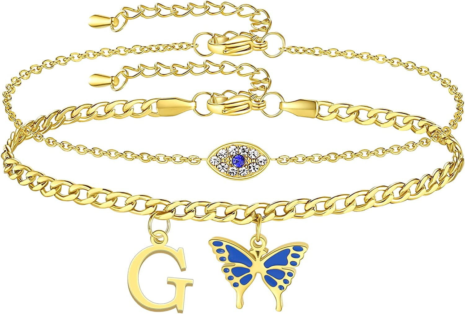 SAM & LORI 2 Pcs Anklets Set 18K Gold Plated Dainty Layered Personalized Initial Anklets Bracelets - Blue Butterfly - Sparkling CZ Evil Eye - Adjustable Summer Jewelry for Women Teen Girls Apparel & Accessories > Jewelry > Anklets SAM & LORI "Butterfly Evil Eye - G  