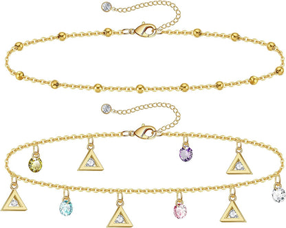 Gold Ankle Bracelets for Women 14K Gold Plated Anklet Silver Tennis Rose Quartz Cross Bead Herringbone Snake Paperclip Chain Cubic Zirconia Dainty Layered Anklet Set 3Pcs Apparel & Accessories > Jewelry > Anklets WeSparking ZG-Yellow Gold-Triangle  