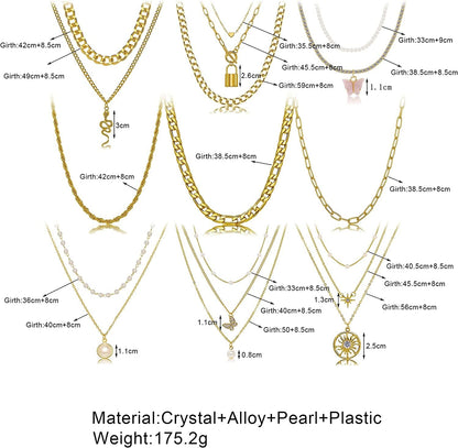9PCS Gold Layered Chain Necklace for Women Girls, Gold Necklace Set,Y Pendant Necklaces, Pearl Choker Necklace, Chunky Dainty Y2K Goth Lock Coin Butterfly Snake Sun Link Choker Necklace Gold Plated Jewelry