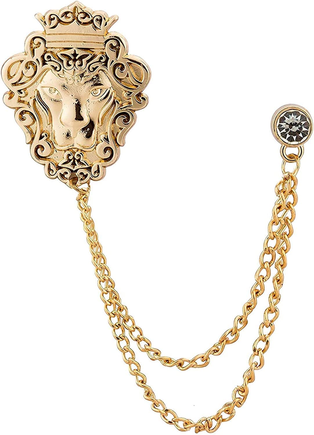 A N Kingpiin Golden Crowned Lion King with Hanging Chain Lapel Pin, Brooch Suit Stud, Shirt Studs Men'S Accessories