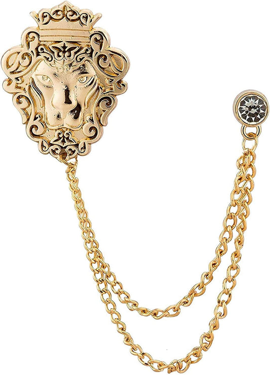 A N Kingpiin Golden Crowned Lion King with Hanging Chain Lapel Pin, Brooch Suit Stud, Shirt Studs Men'S Accessories