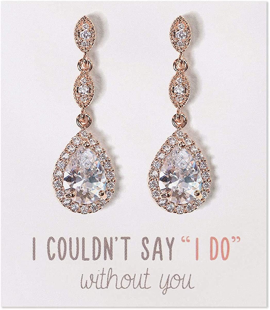 A+O Bridesmaid Earrings, Teardrop Cubic Zirconia Crystal Earrings in Silver, Gold, Rose Gold Rose Gold