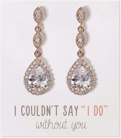 A+O Bridesmaid Earrings, Teardrop Cubic Zirconia Crystal Earrings in Silver, Gold, Rose Gold Rose Gold