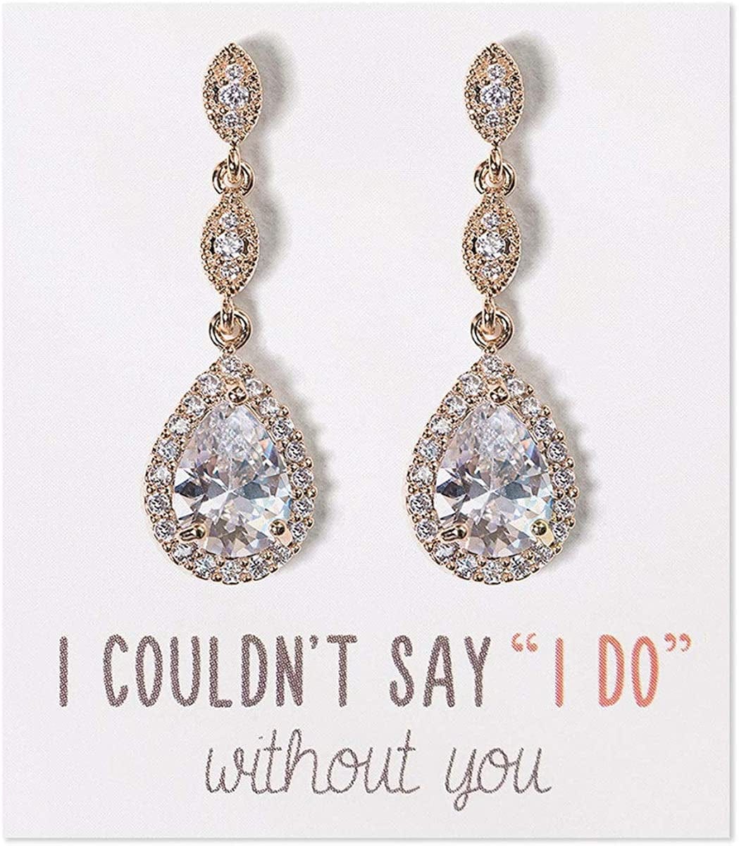 A+O Bridesmaid Earrings, Teardrop Cubic Zirconia Crystal Earrings in Silver, Gold, Rose Gold Gold