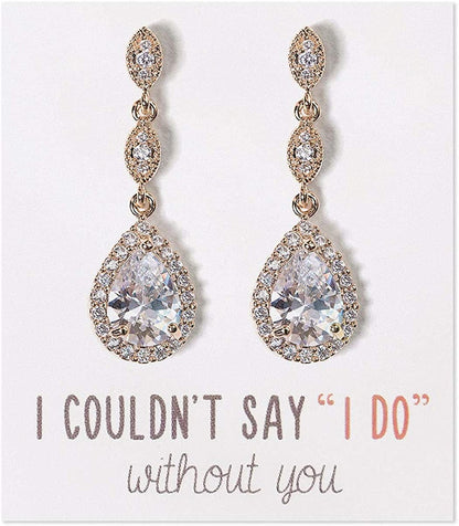 A+O Bridesmaid Earrings, Teardrop Cubic Zirconia Crystal Earrings in Silver, Gold, Rose Gold Gold