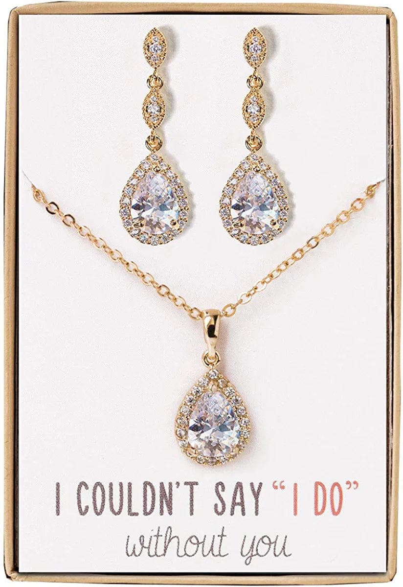 A+O Bridesmaid Earrings, Teardrop Cubic Zirconia Crystal Earrings in Silver, Gold, Rose Gold Set - Gold