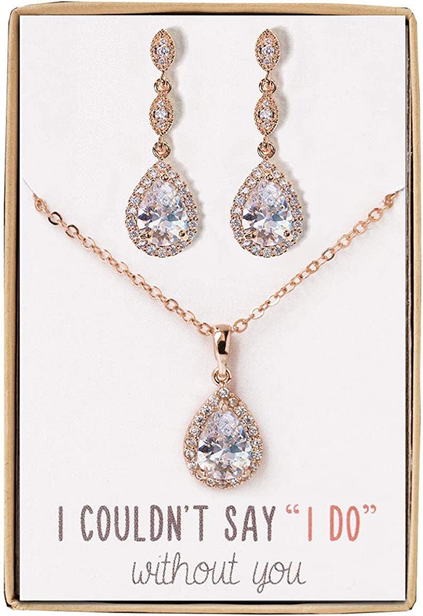 A+O Bridesmaid Earrings, Teardrop Cubic Zirconia Crystal Earrings in Silver, Gold, Rose Gold Set - Rose Gold