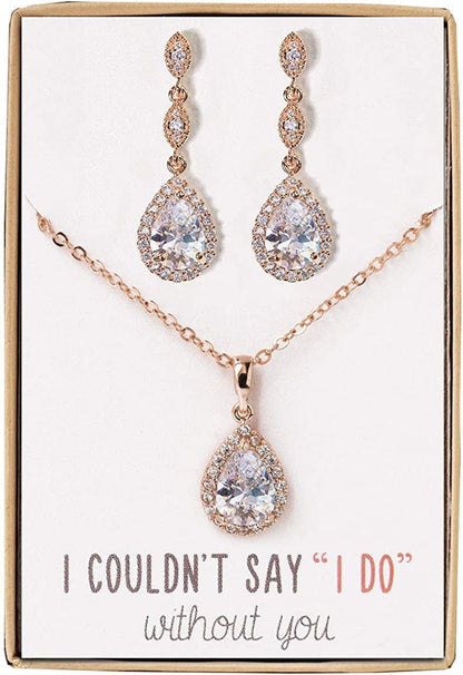 A+O Bridesmaid Earrings, Teardrop Cubic Zirconia Crystal Earrings in Silver, Gold, Rose Gold Set - Rose Gold