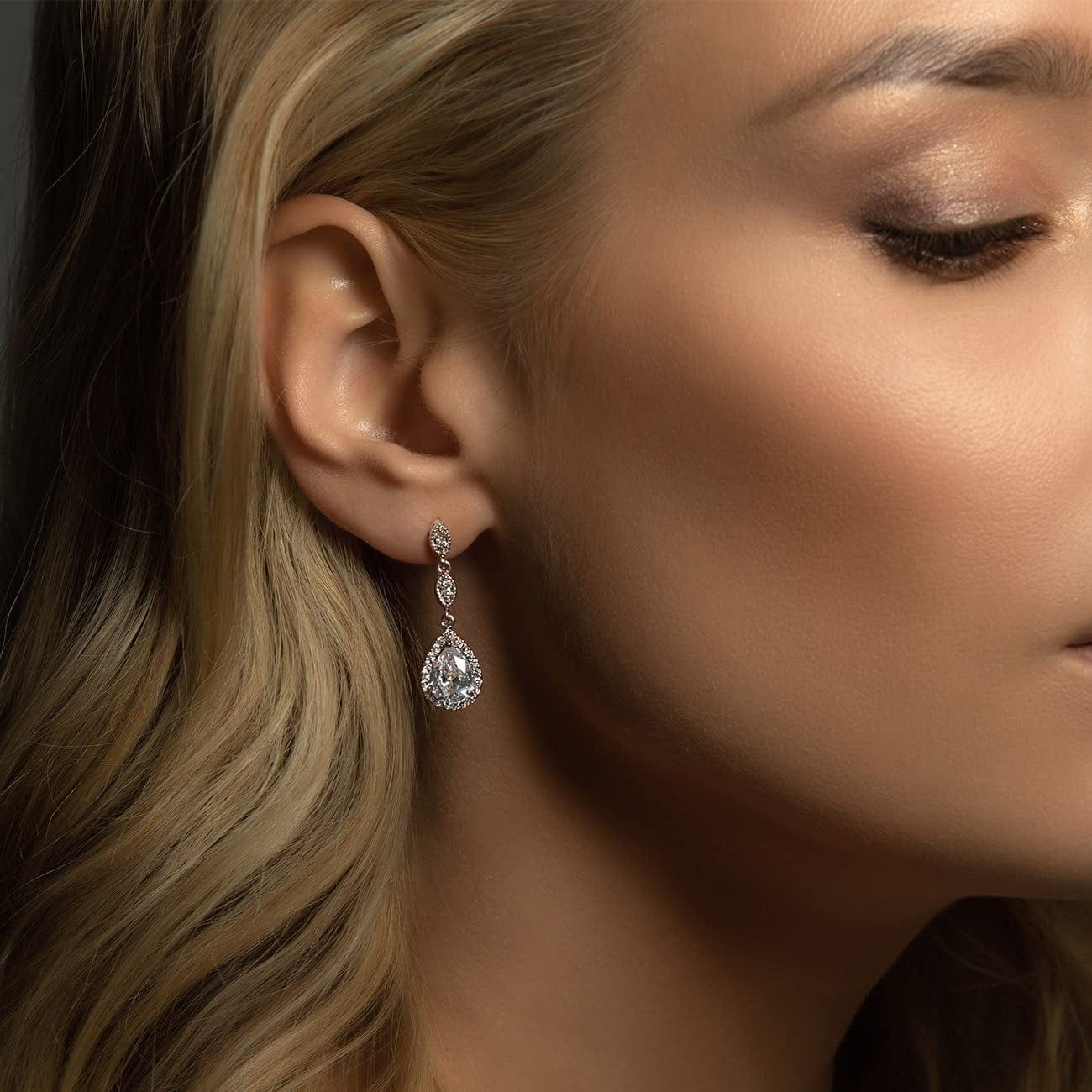 A+O Bridesmaid Earrings, Teardrop Cubic Zirconia Crystal Earrings in Silver, Gold, Rose Gold