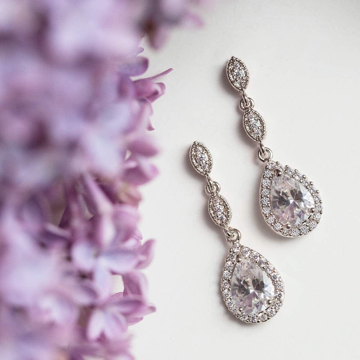 A+O Bridesmaid Earrings, Teardrop Cubic Zirconia Crystal Earrings in Silver, Gold, Rose Gold