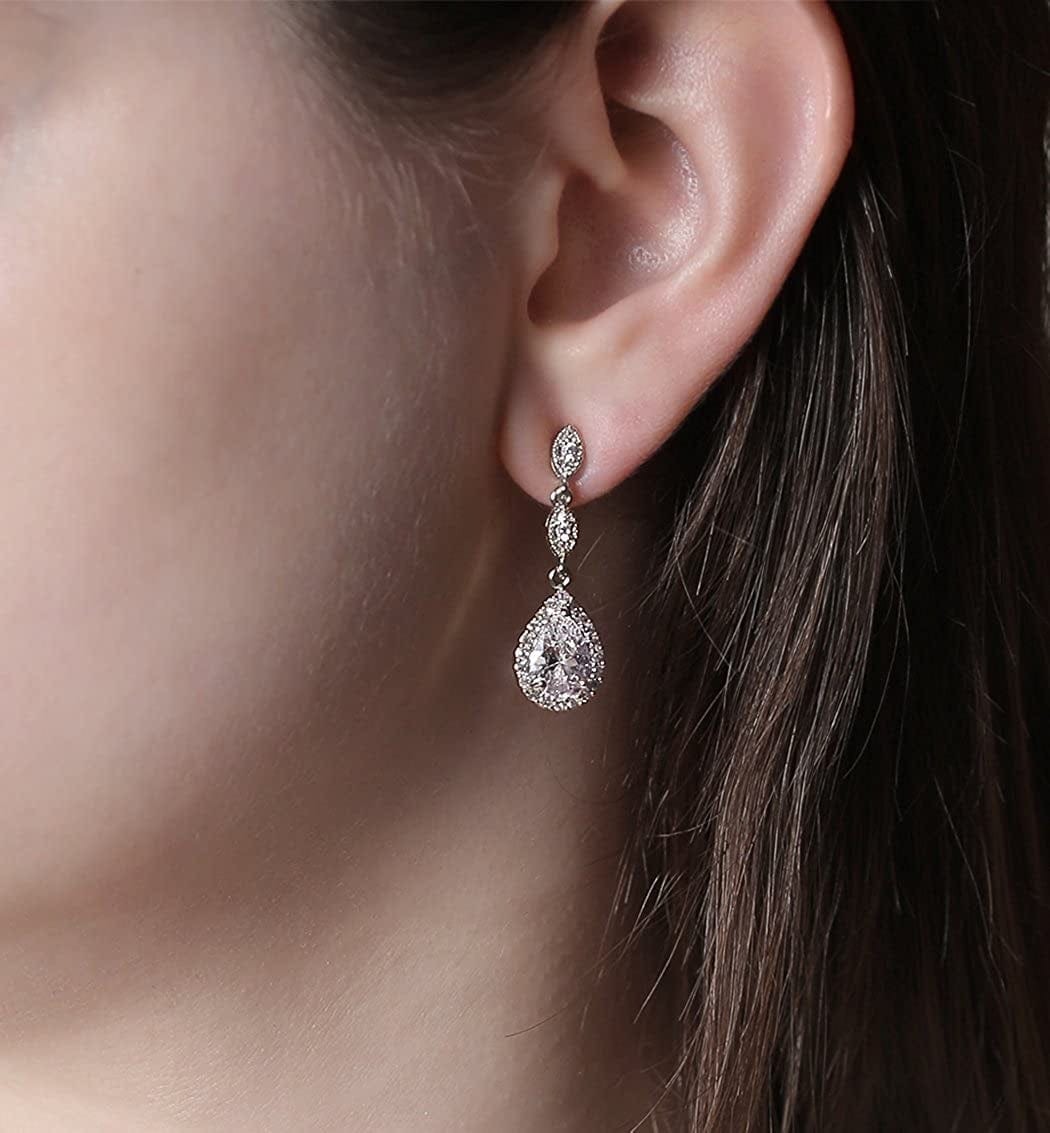 A+O Bridesmaid Earrings, Teardrop Cubic Zirconia Crystal Earrings in Silver, Gold, Rose Gold