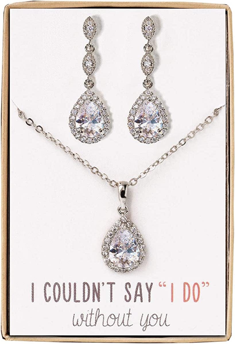 A+O Bridesmaid Earrings, Teardrop Cubic Zirconia Crystal Earrings in Silver, Gold, Rose Gold Set - Silver