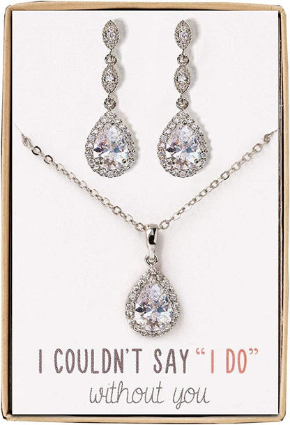 A+O Bridesmaid Earrings, Teardrop Cubic Zirconia Crystal Earrings in Silver, Gold, Rose Gold Set - Silver
