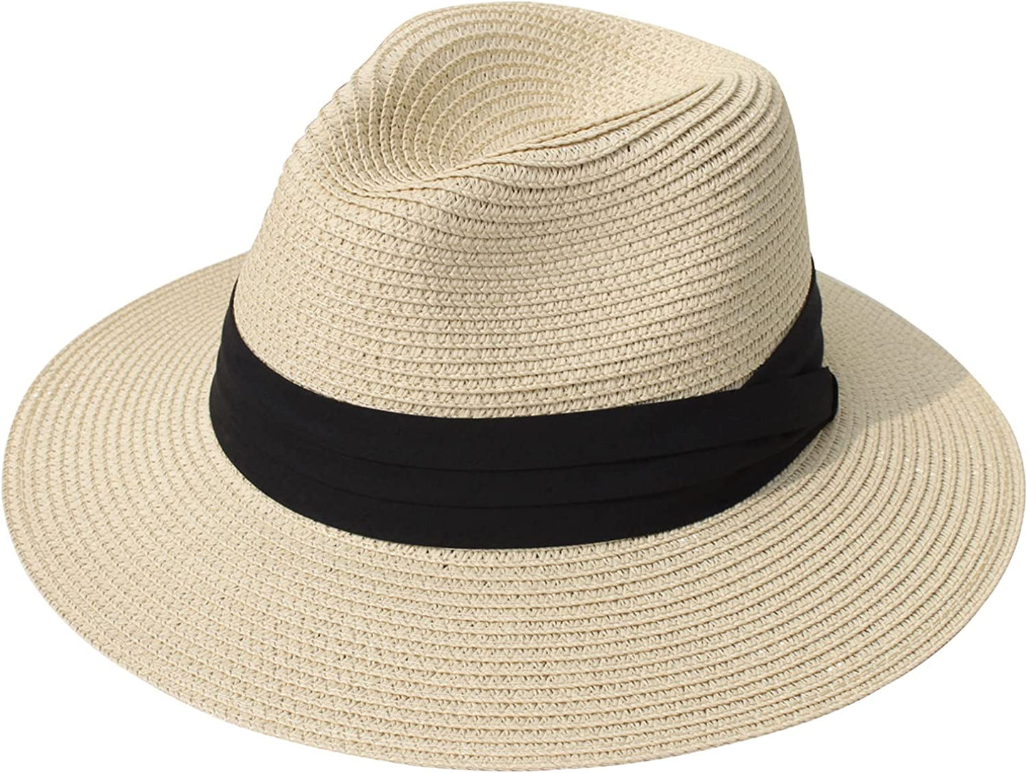 DRESHOW Women Straw Panama Hat Fedora Beach Sun Hat Wide Brim Straw Roll up Hat UPF 50+ Apparel & Accessories > Clothing Accessories > Hats DRESHOW Women Men L Straw Fedora: Beige  