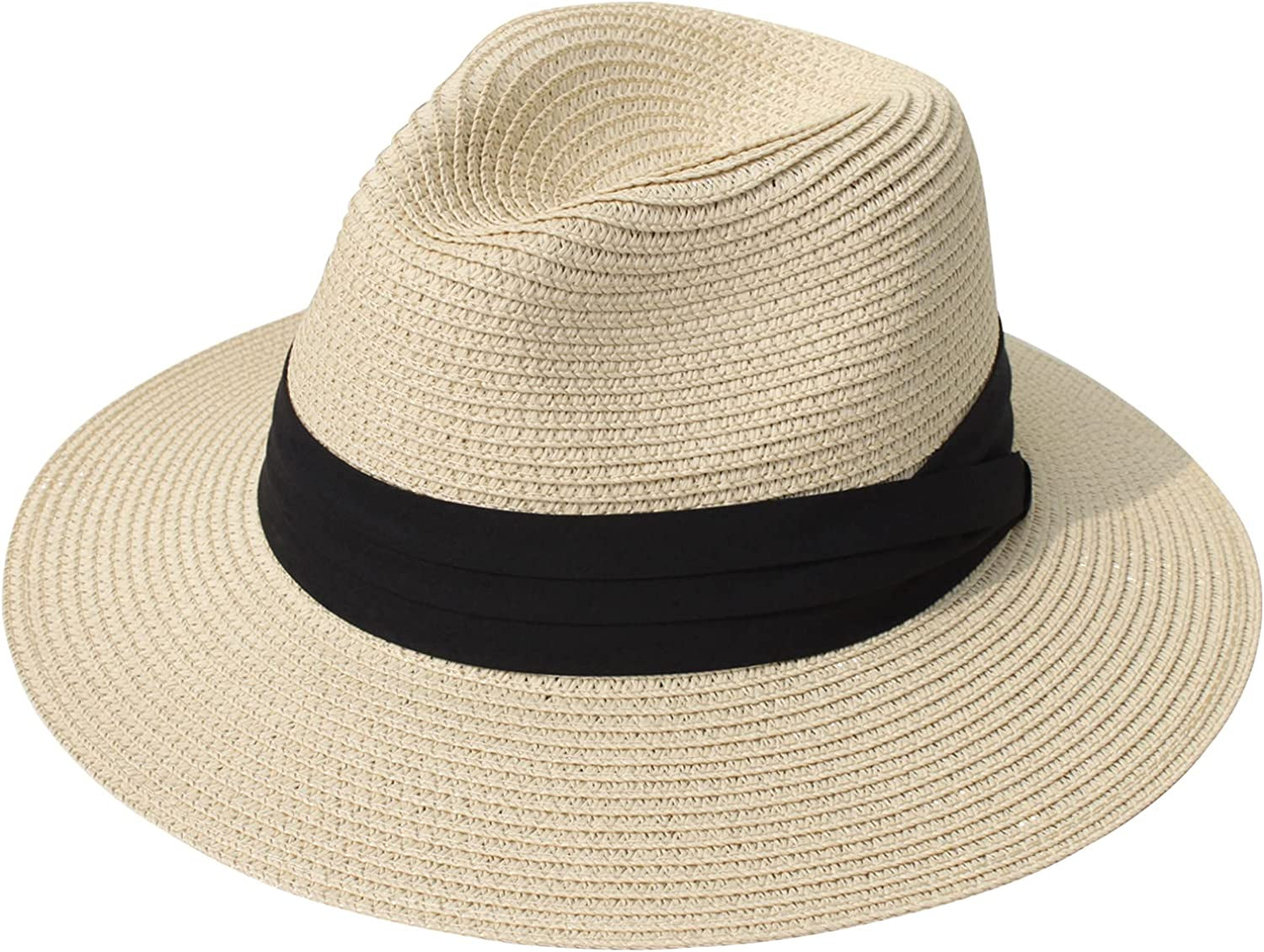 DRESHOW Women Straw Panama Hat Fedora Beach Sun Hat Wide Brim Straw Roll up Hat UPF 50+ Apparel & Accessories > Clothing Accessories > Hats DRESHOW Women Men L Straw Fedora: Beige  